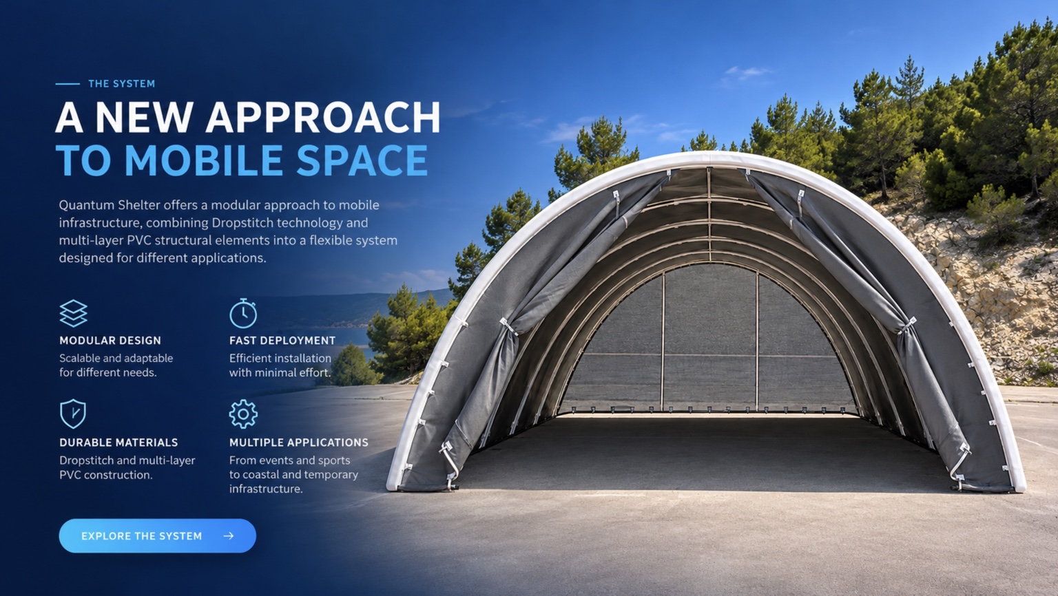 A new approach to mobile space. Quantum Shelter modular Dropstitch and multi-layer PVC structure.