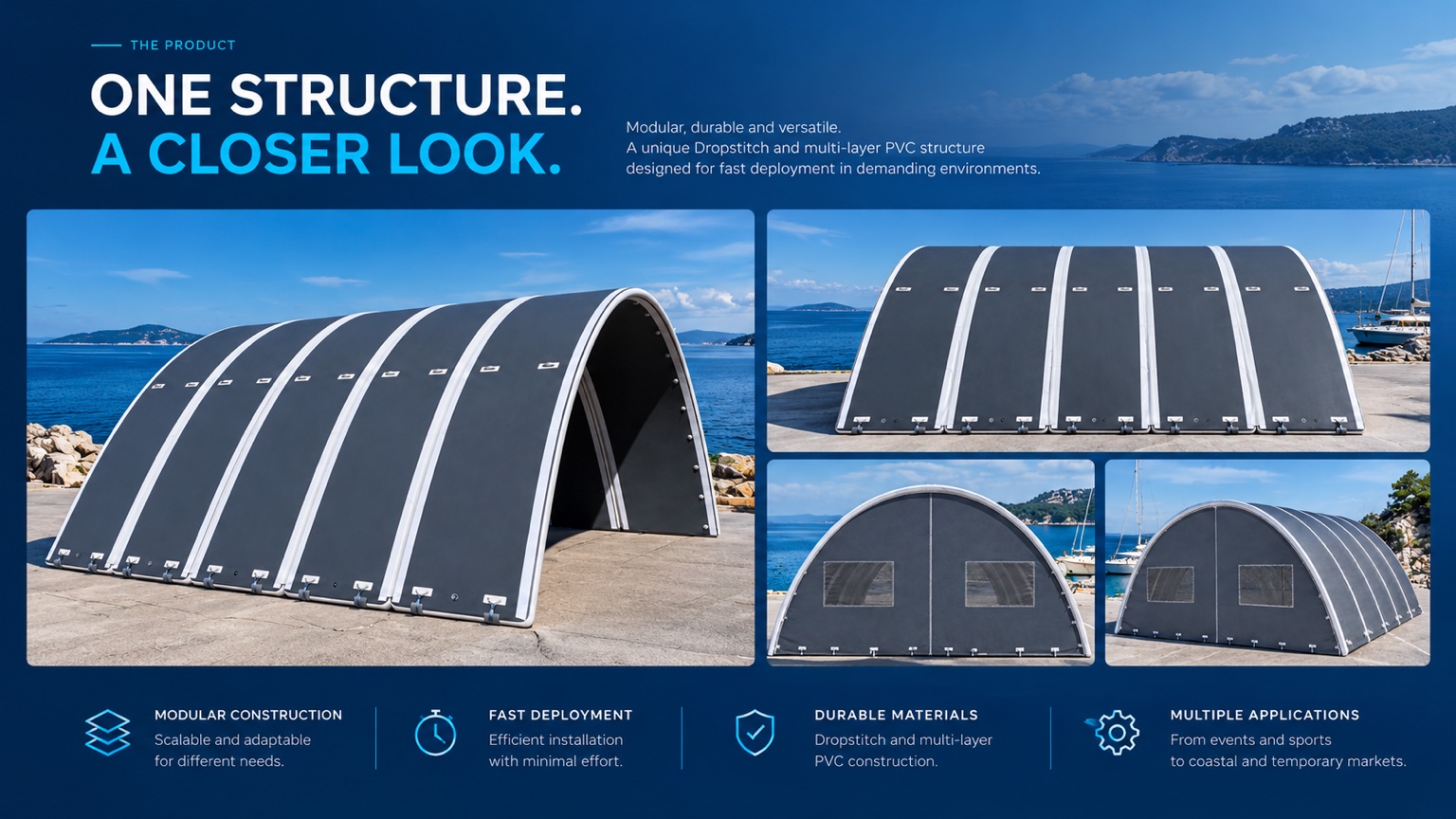 Quantum Shelter product gallery with four views of the arched structure in a coastal setting.