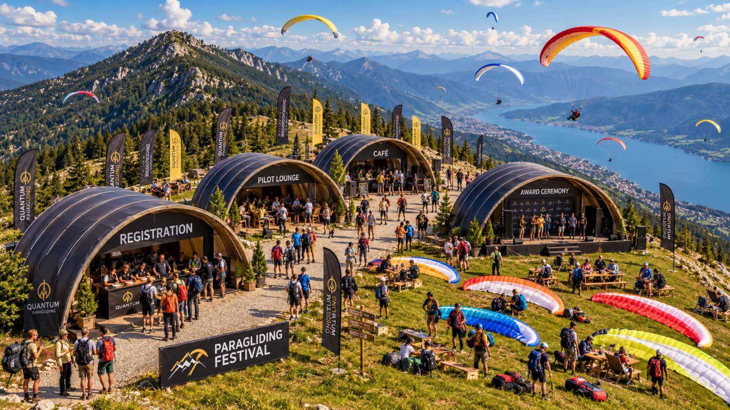 Concept visualisation of a paragliding festival with Quantum Shelter structures in a mountain setting