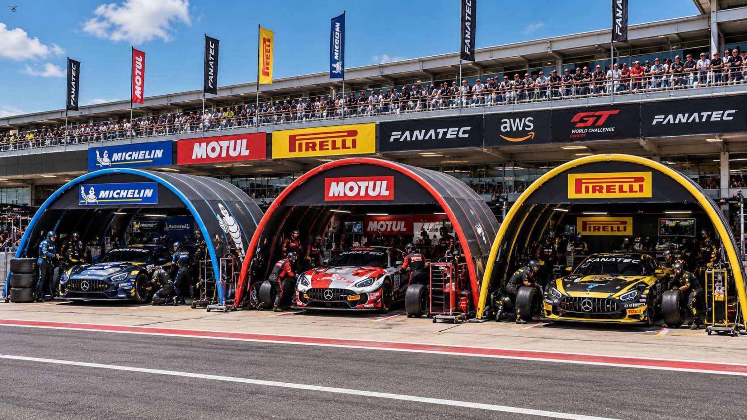 Motorsport concept visualisation: three race cars in modular pit structures