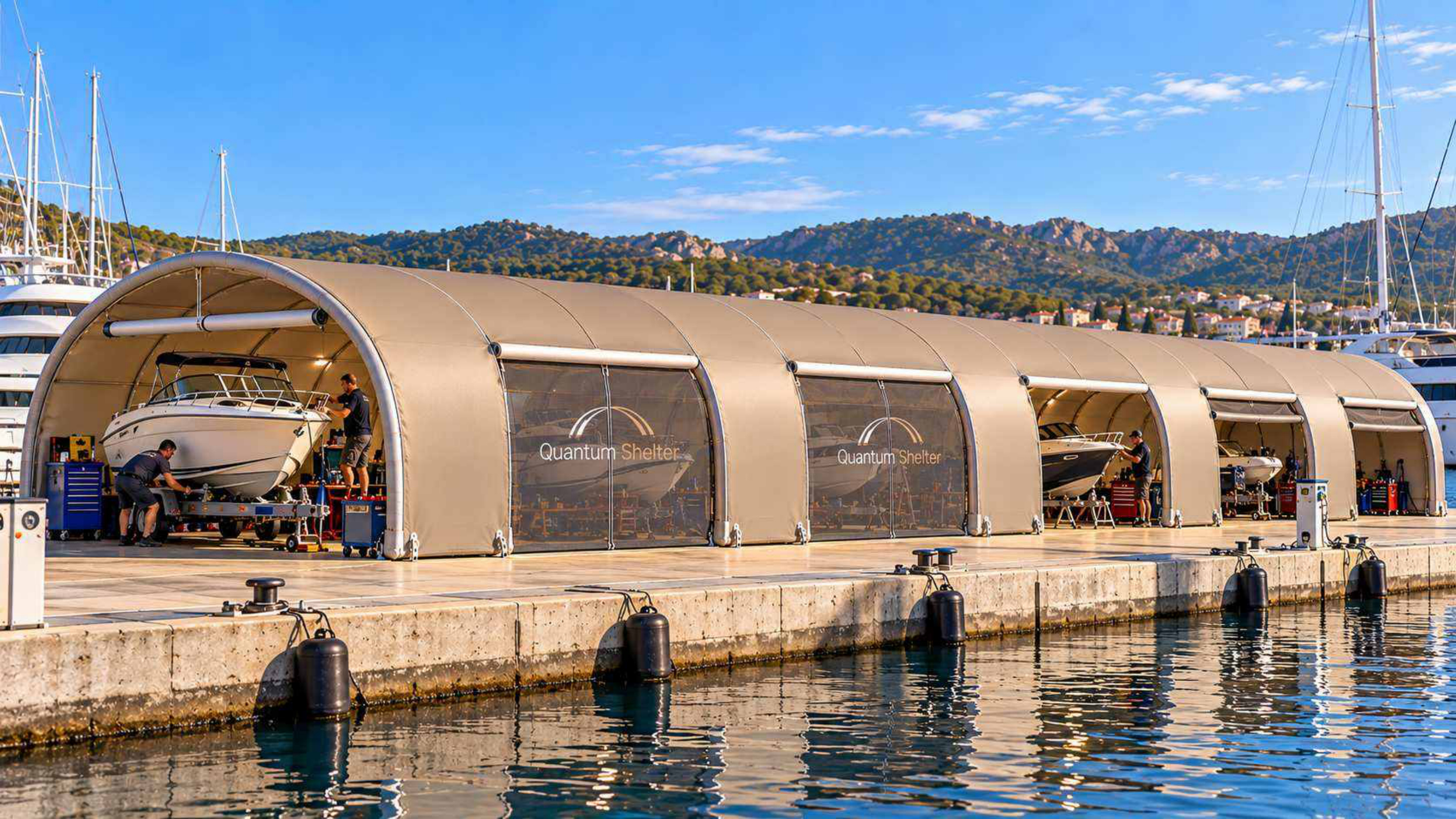 Long modular Quantum Shelter structure at a marina